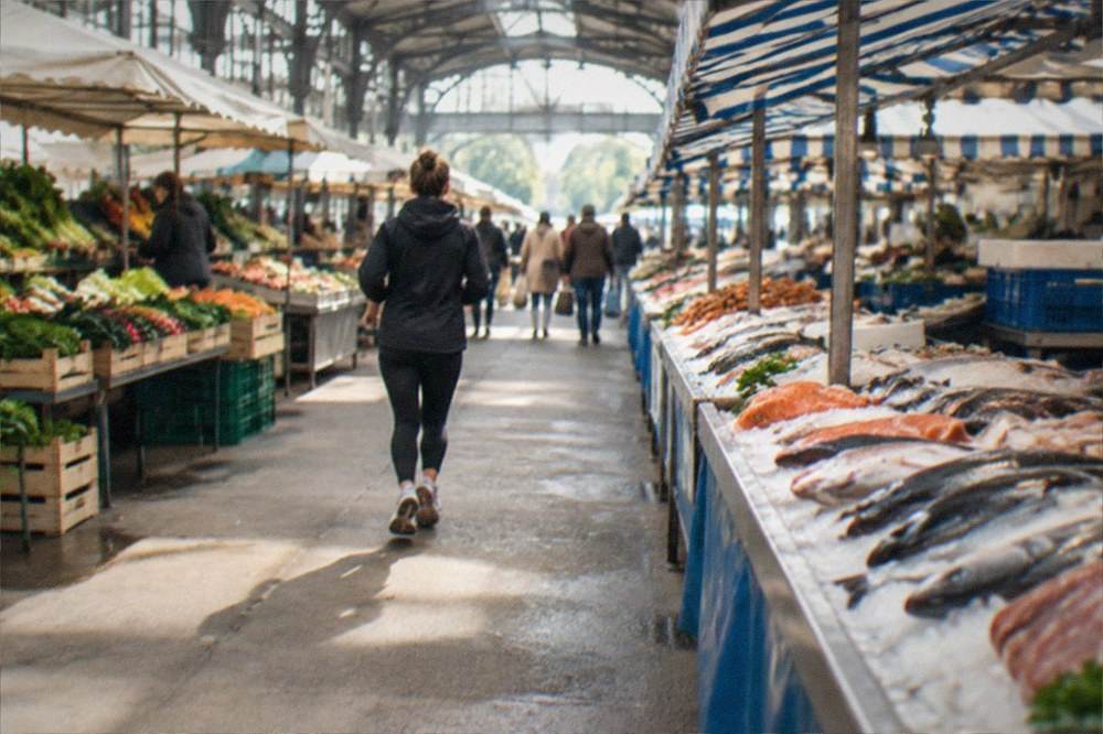 An outdoor market stall with fresh fish on ice under a striped awning in the morning