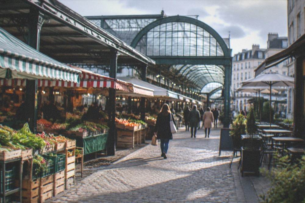 A pedestrian shopping street with a glass-roofed arcade entrance and cafe tables outside