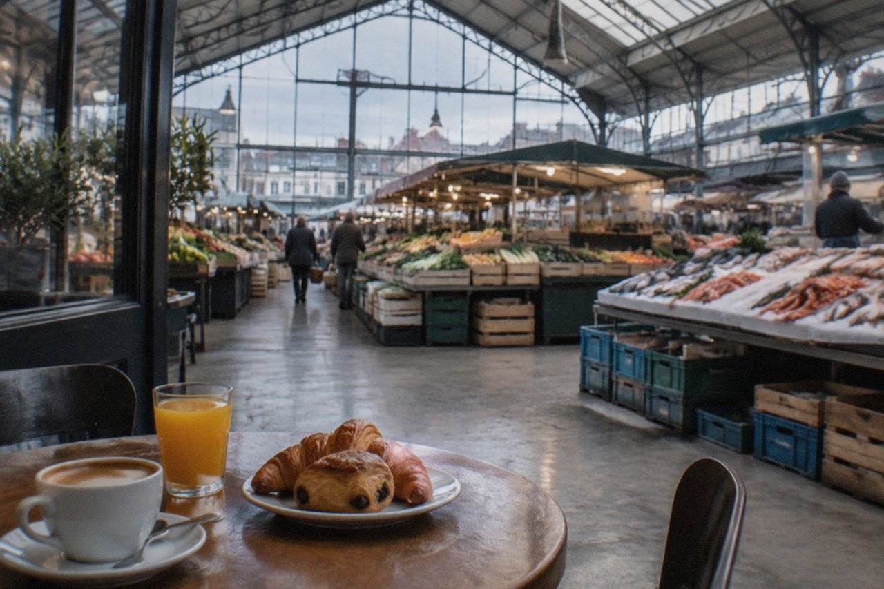 A café table by a window with coffee, orange juice and pastries