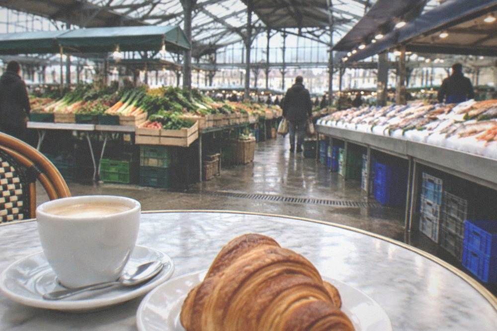 A café crème and a croissant on a small marble café table