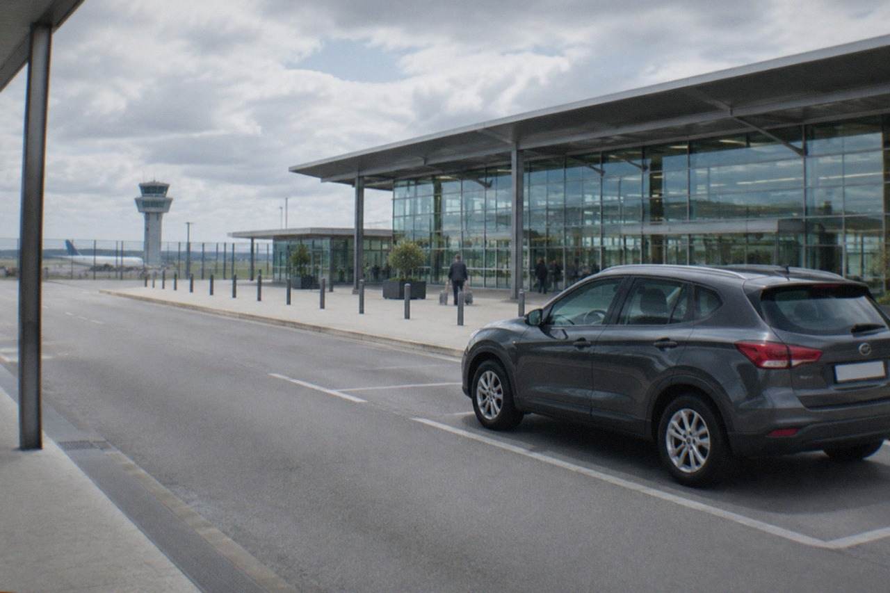 A hire car waiting in the pick-up area outside Nantes Atlantique airport terminal