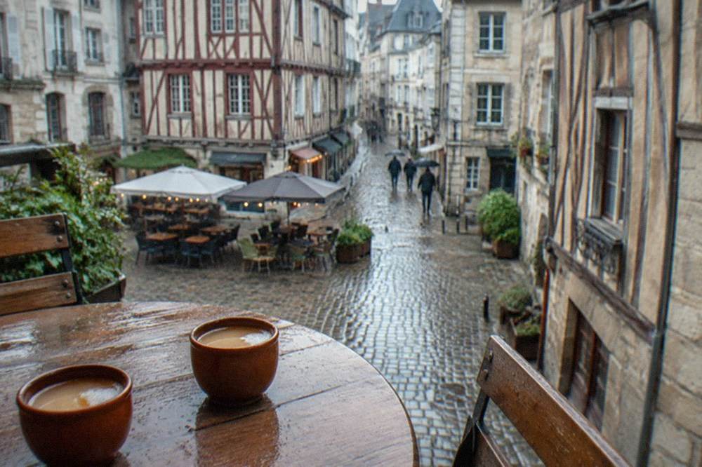 Two small earthenware cups of cider standing on a wooden creperie table
