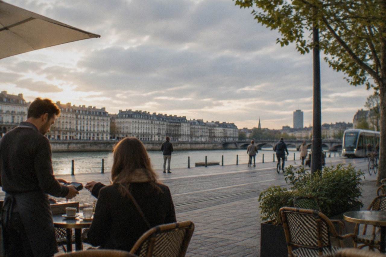 A café terrace in central Nantes with a customer paying at a small counter table