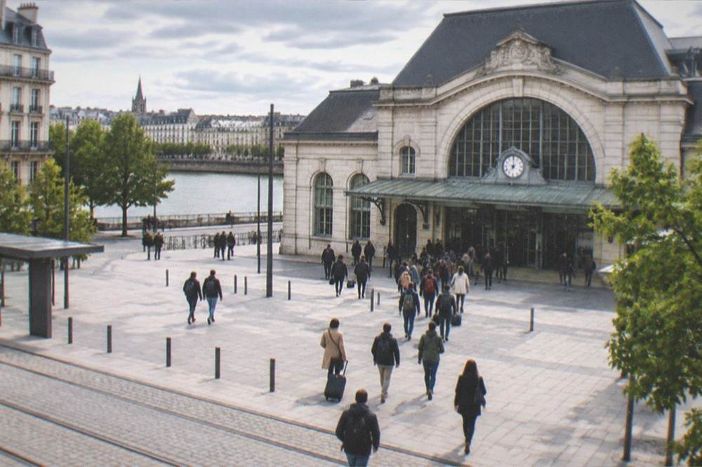 The front of Nantes train station with travellers walking toward the entrance