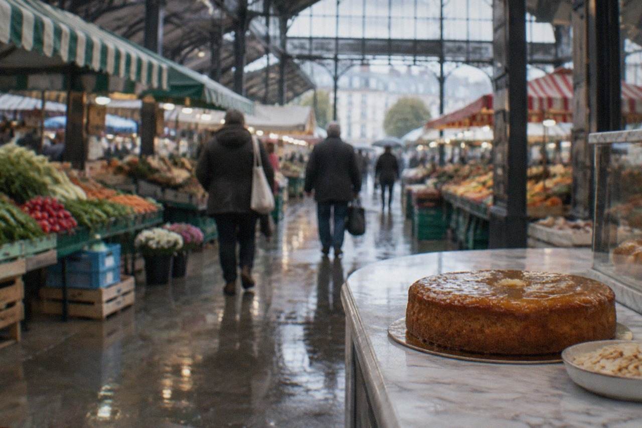 A whole gâteau nantais with a glossy rum glaze sitting on a marble patisserie counter beside sliced almonds