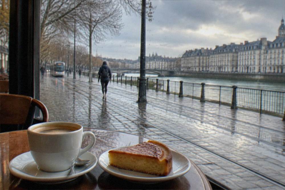 A slice of gâteau nantais on a saucer beside a coffee on a rainy cafe window table in Nantes