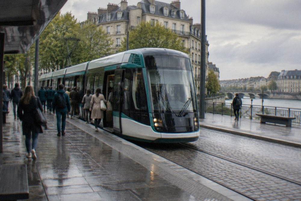 A Naolib tram stopping at a busy station platform in central Nantes with passengers boarding