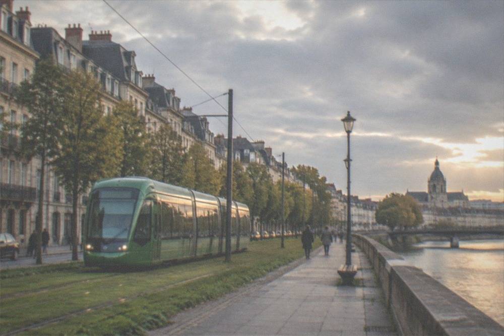 A green tram running along a grass-covered track beside a Nantes street
