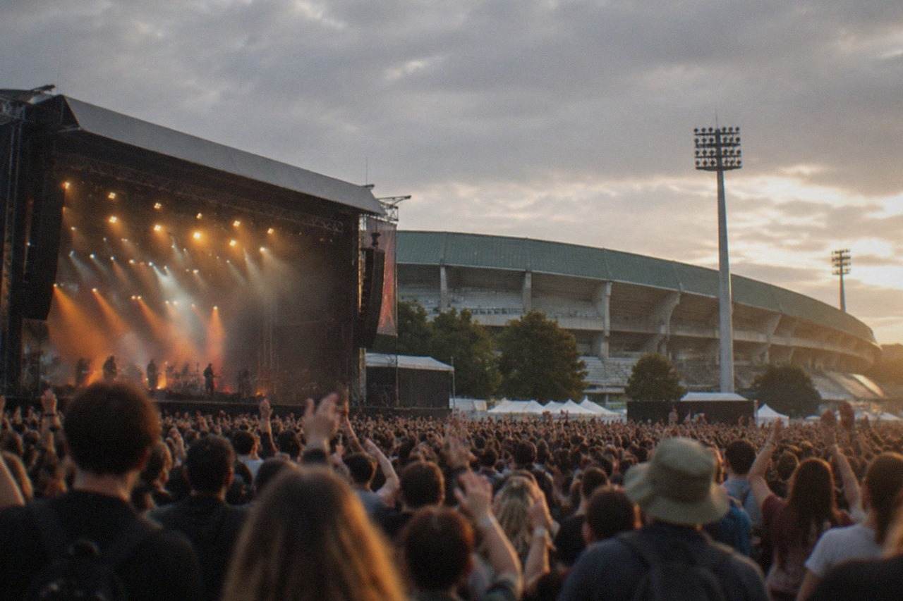 Crowd of festivalgoers with raised hands in front of a main stage at a large open-air rock festival