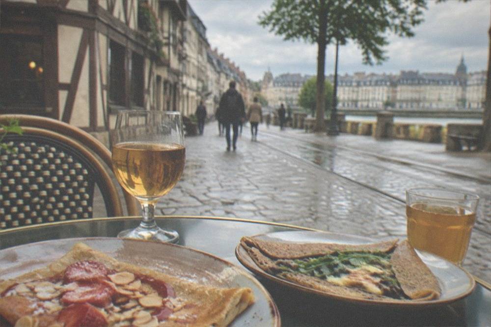 Colourful crepes and cider served on a cafe table in a half-timbered Nantes street