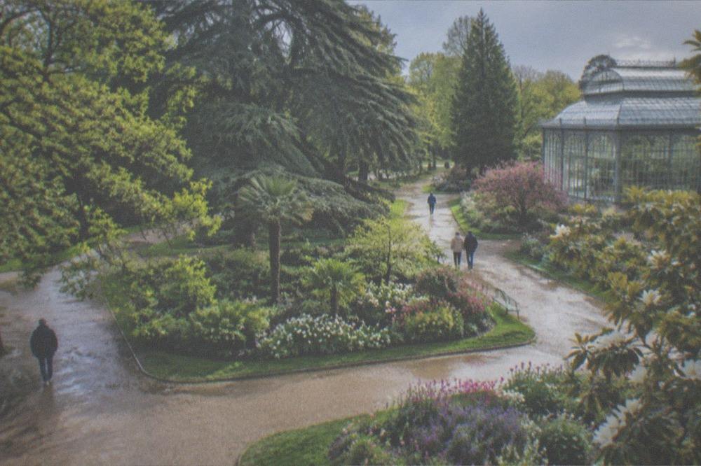 A bright spring morning over the Jardin des Plantes in Nantes with flower beds and tall trees
