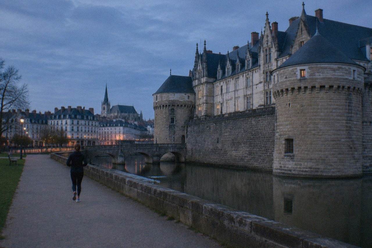 Wide view of Nantes city centre with the Château des ducs de Bretagne and its moat in the foreground under a clear sky