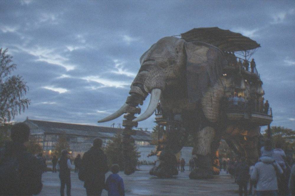 Families and visitors watching a large mechanical elephant sculpture on the Île de Nantes in daylight