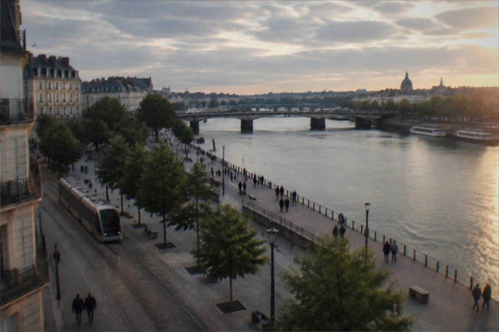 Evening light on the Nantes riverside with the Pont Anne-de-Bretagne and people strolling along the quay