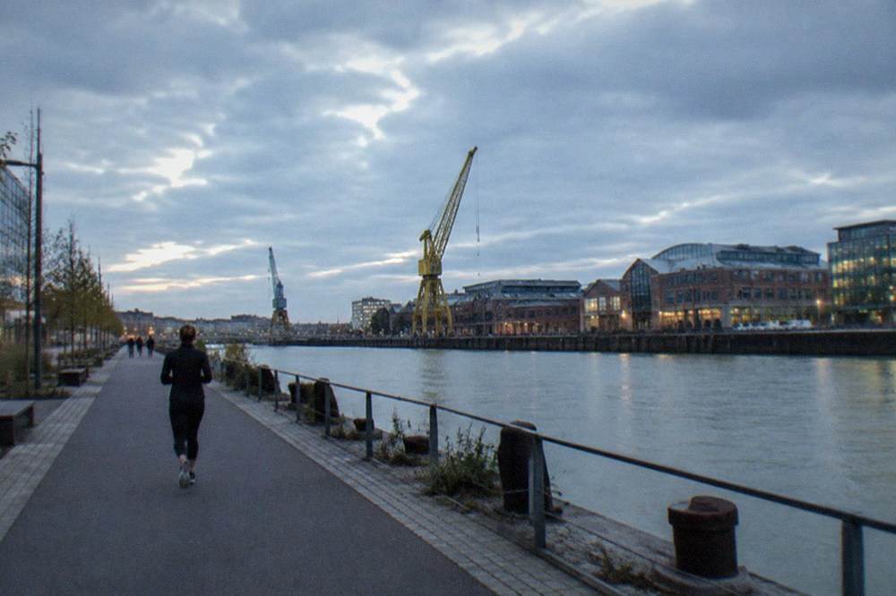 A wide view of the Nantes waterfront on the Île de Nantes with former industrial buildings