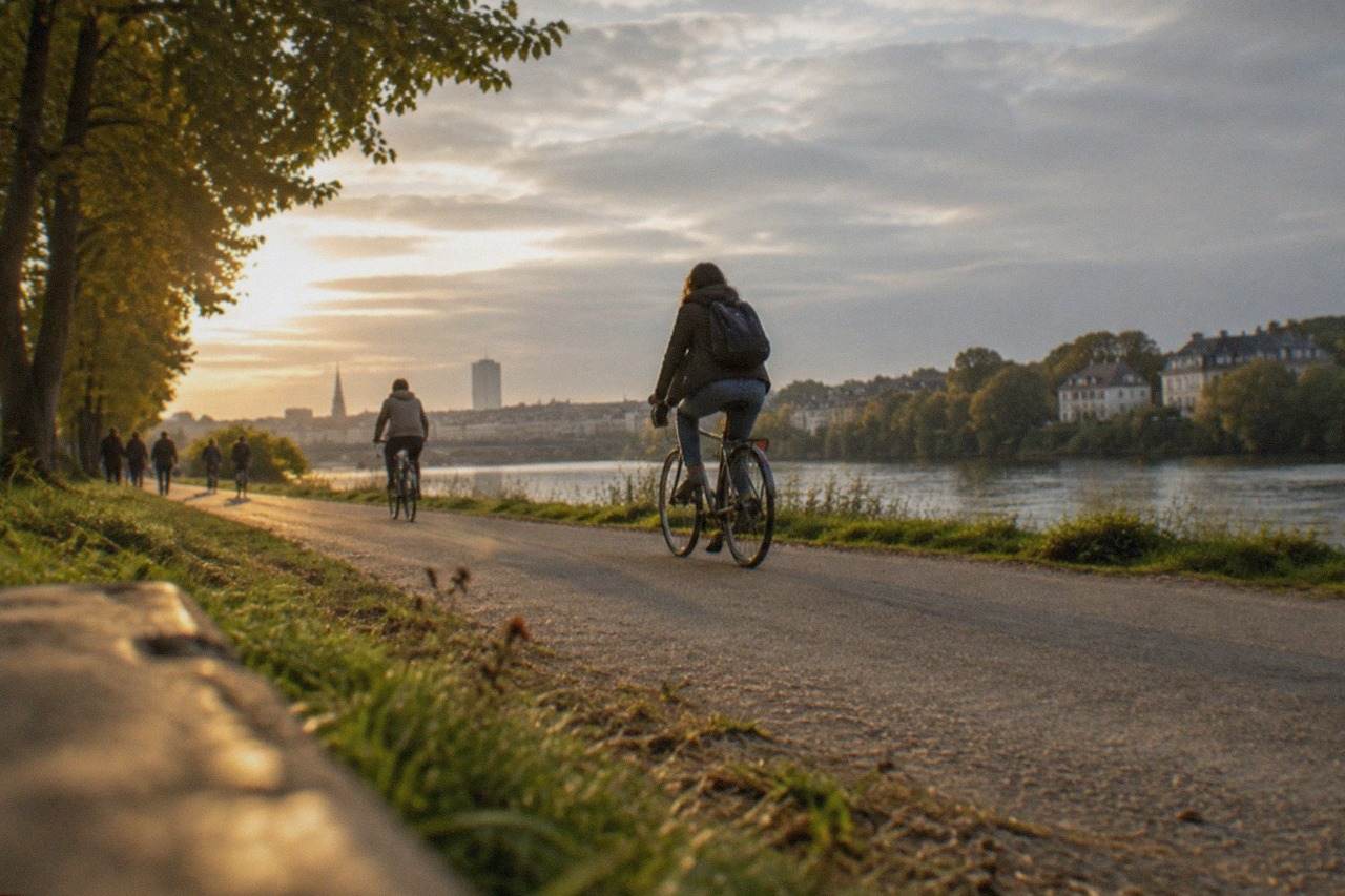 Cyclists on a riverside path beside the wide Loire with a city skyline in the distance