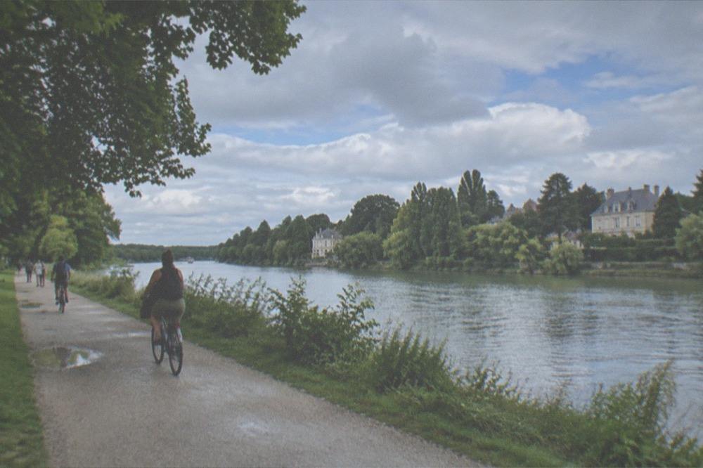 A riverside park path in summer with the river beyond and people cycling in the distance