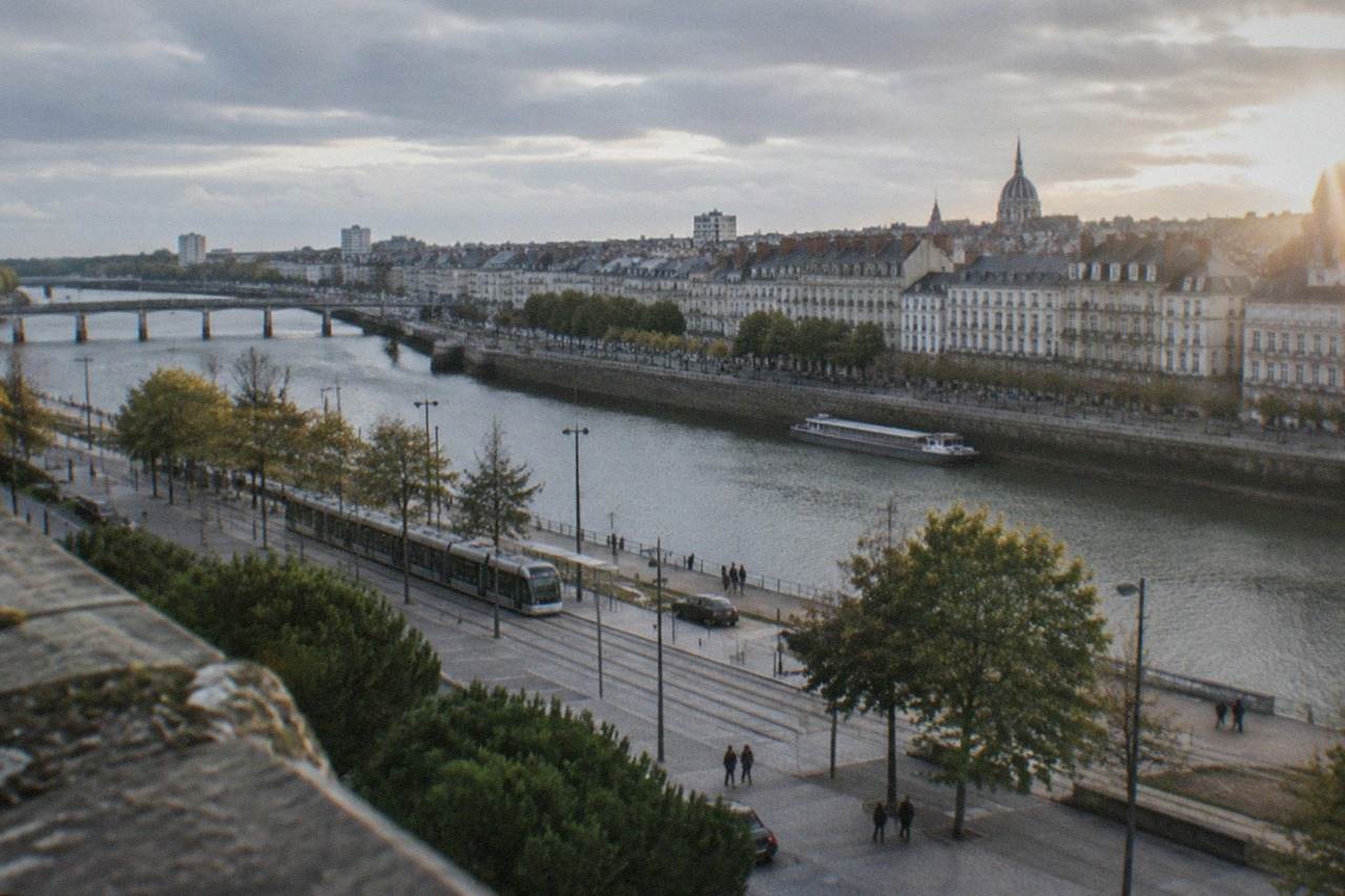 The broad Loire river flowing past Nantes towards the Atlantic coast