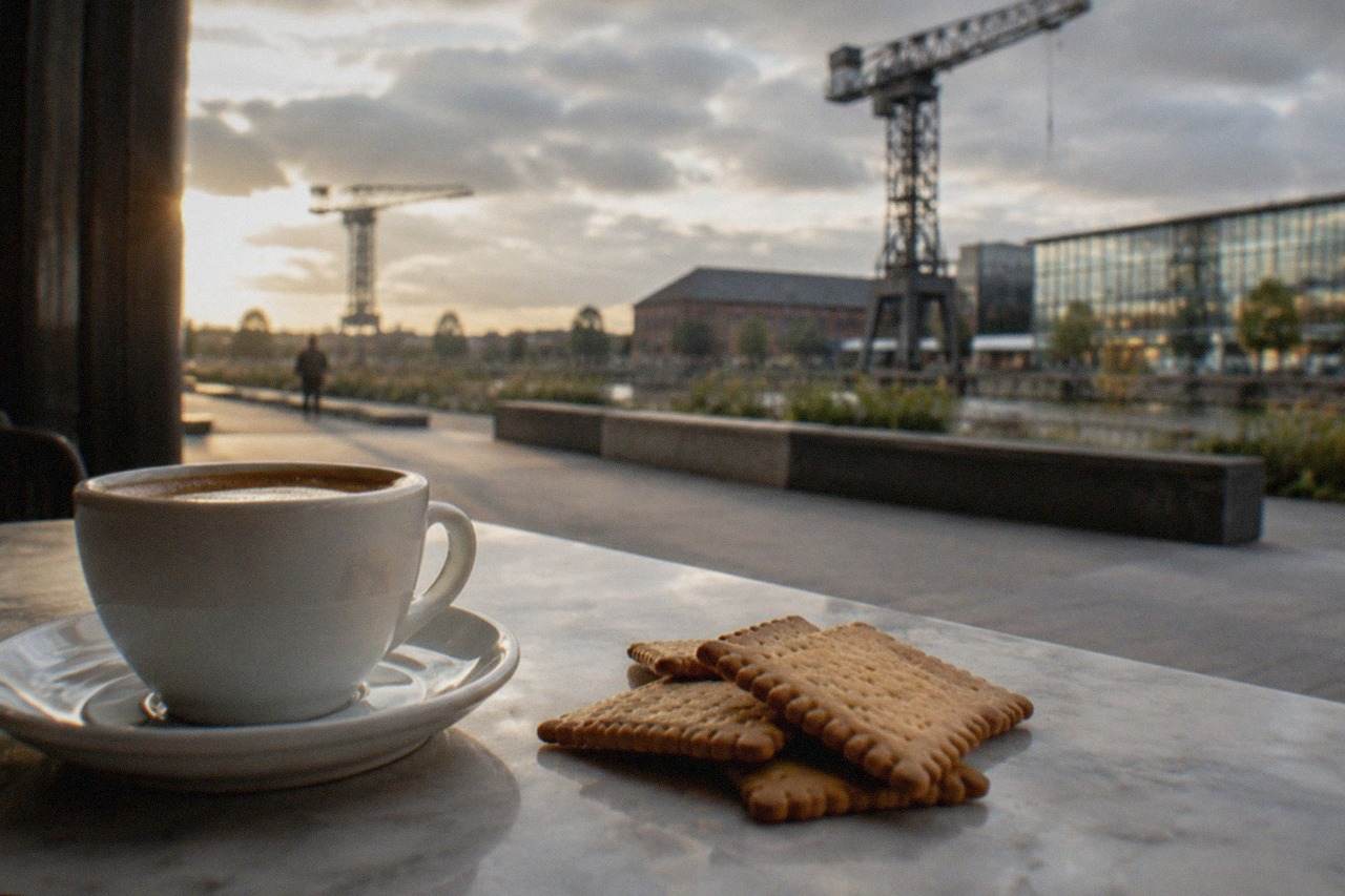 Rectangular butter biscuits with scalloped edges arranged on a marble surface beside a cup of coffee