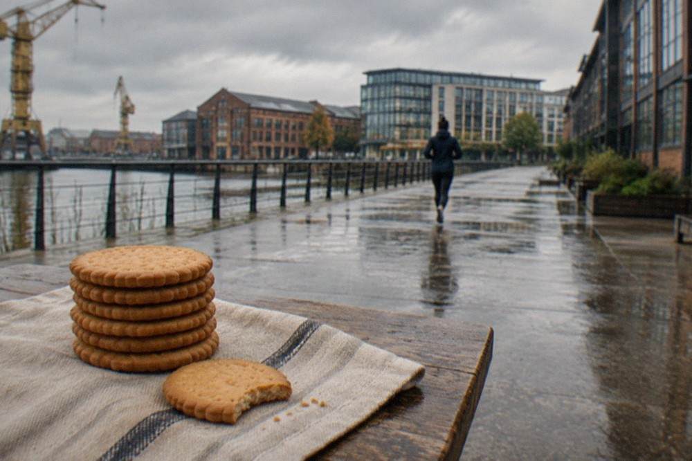 A stack of golden butter biscuits on a rustic wooden table with a linen napkin