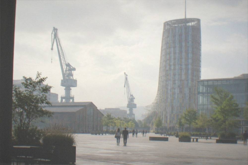 A curved industrial-era tower rising above a wide piazza outside a cultural centre in a French city