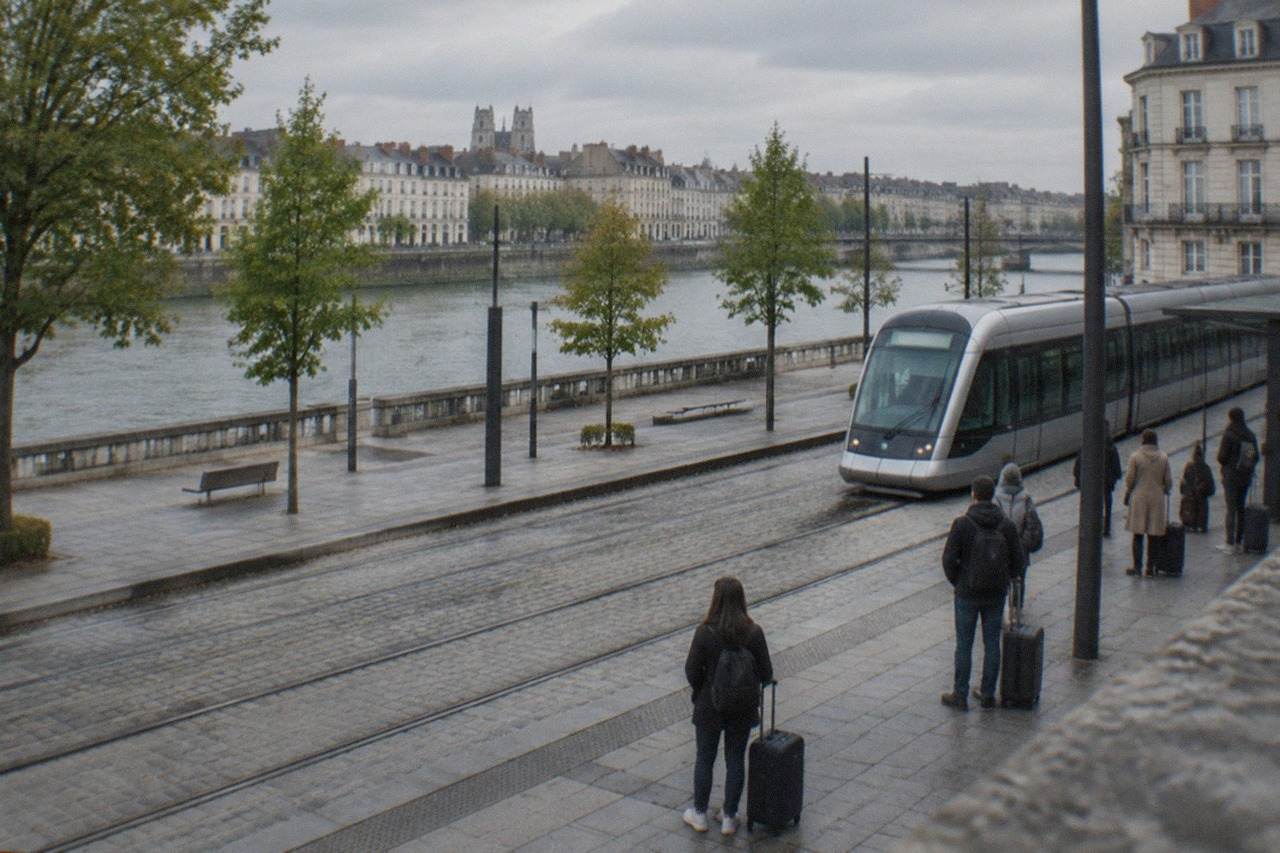 Travellers with suitcases waiting on a tram platform in central Nantes