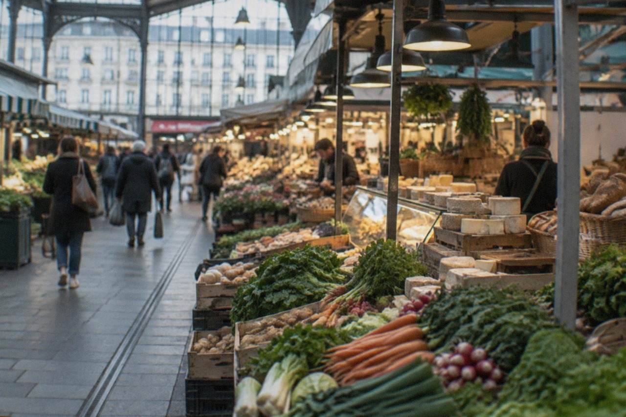A busy covered market hall in Nantes with stalls of fresh vegetables, cheese and bread under warm lights