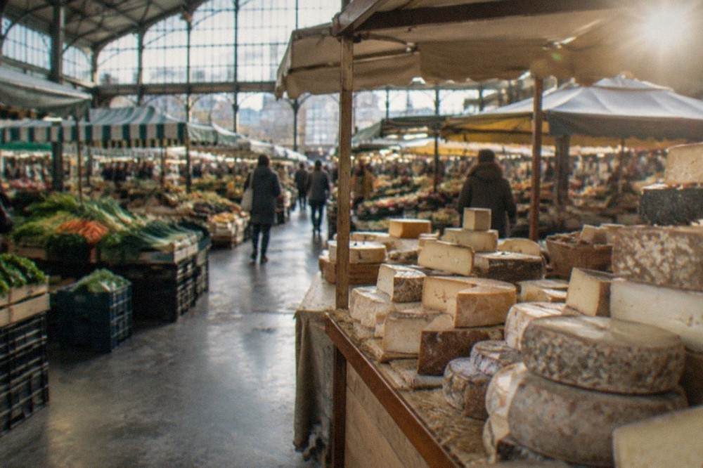A cheese stall at a French market with wheels and wedges arranged on a wooden counter