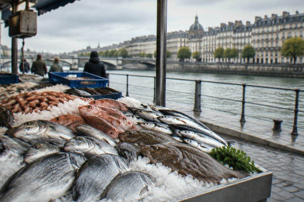 A fishmonger's stall with fresh Atlantic fish displayed on crushed ice at a Nantes market