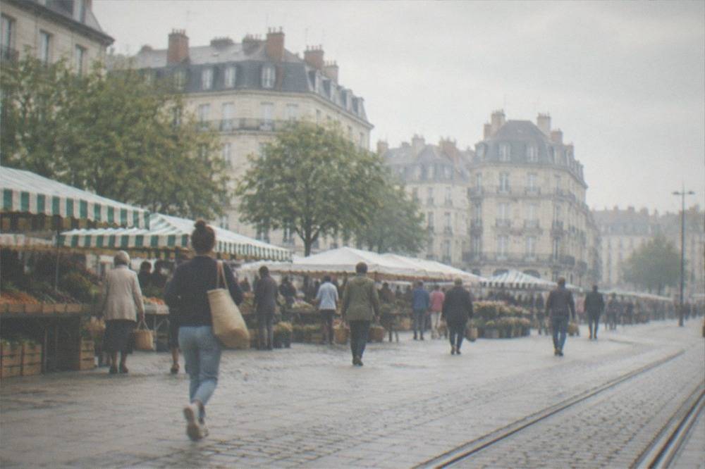 A market square in a Nantes neighbourhood with striped awnings and shoppers carrying baskets