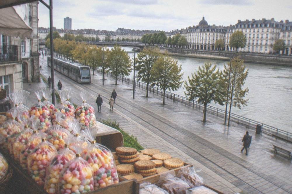 Bags of colourful berlingot candies and butter biscuits on a Nantes confectionery stall