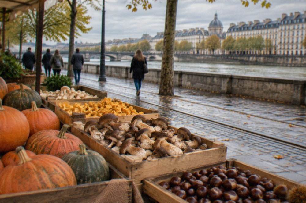 An autumn market stall in Nantes with pumpkins, mushrooms and chestnuts in wooden crates