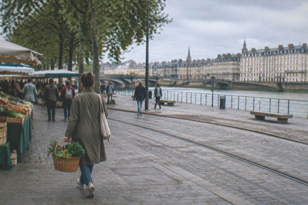 A shopper carrying a wicker basket of vegetables walking away from a Nantes market at midday