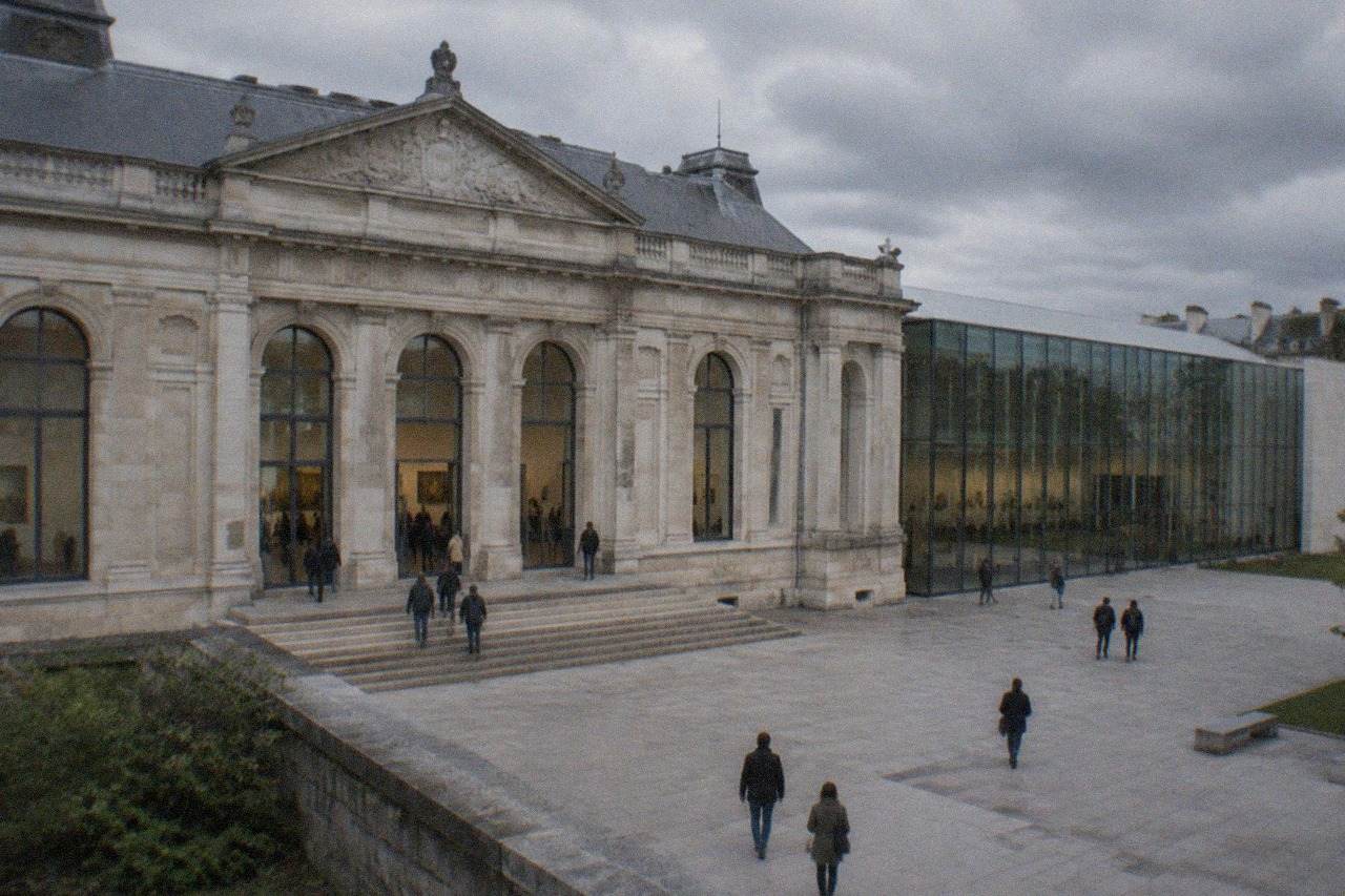 Visitors walking through a bright museum gallery with stone arches and large paintings on the walls