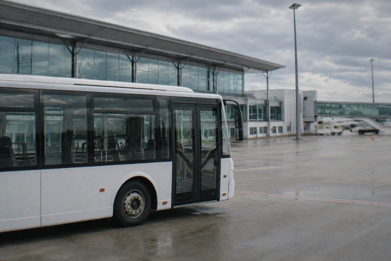 A shuttle bus parked outside the terminal building at Nantes Atlantique Airport on a bright morning
