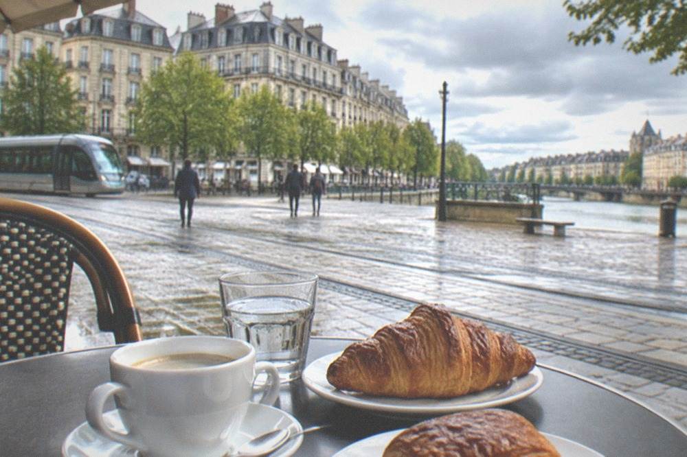 An outdoor restaurant table with coffee and pastries on a square in Nantes