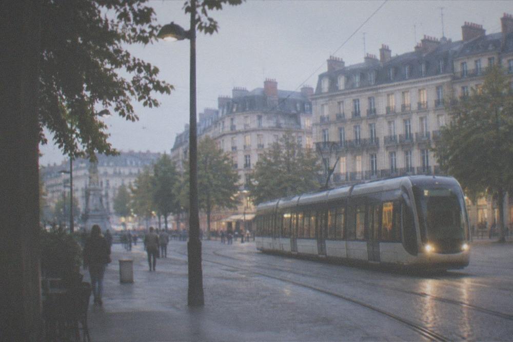 A lit tram passing through an evening street in central Nantes