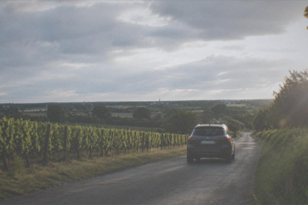 A hire car driving on a quiet road between vineyards near Nantes