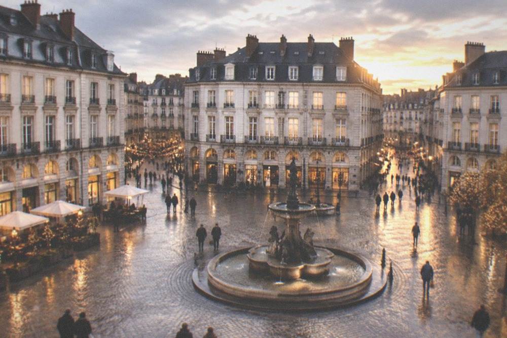 Shoppers in warm coats under festive lights with wet cobblestones reflecting the glow