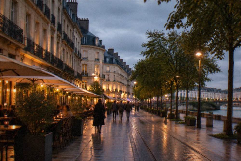 A lit-up pedestrian street with hotels and restaurants in central Nantes at night