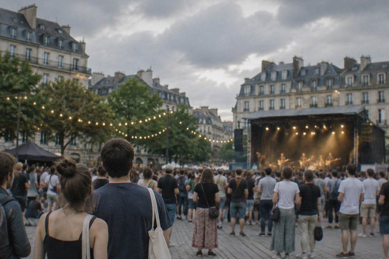 Festival crowds gathered in a square in Nantes on a summer evening, with string lights and a stage in the background