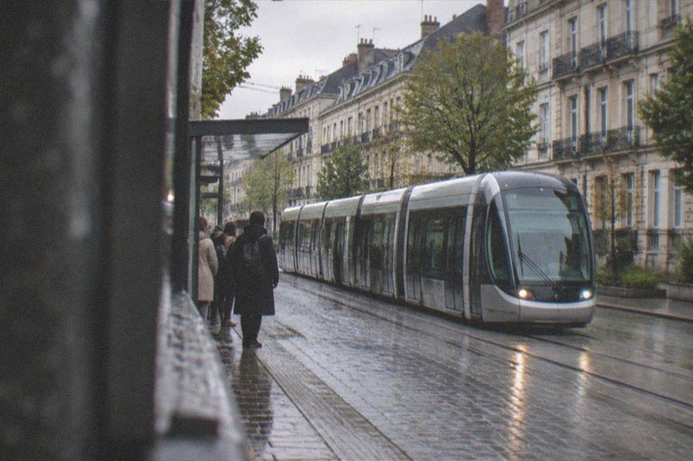 A modern tram gliding along a Nantes street lined with stone buildings, with passengers waiting at a stop