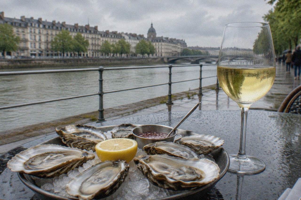 Fresh oysters and a glass of white wine on a restaurant table in Nantes