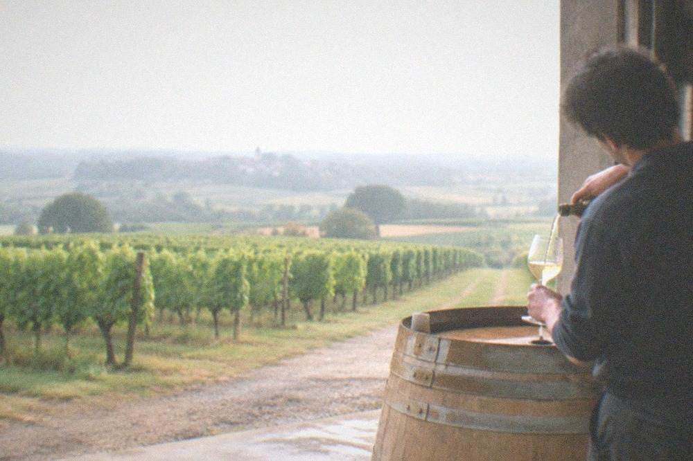 A winemaker pouring pale white wine at a barrel in a Muscadet cellar