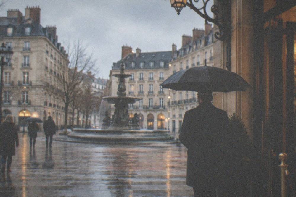 A warmly lit hotel entrance with a doorman holding an umbrella on a rainy evening