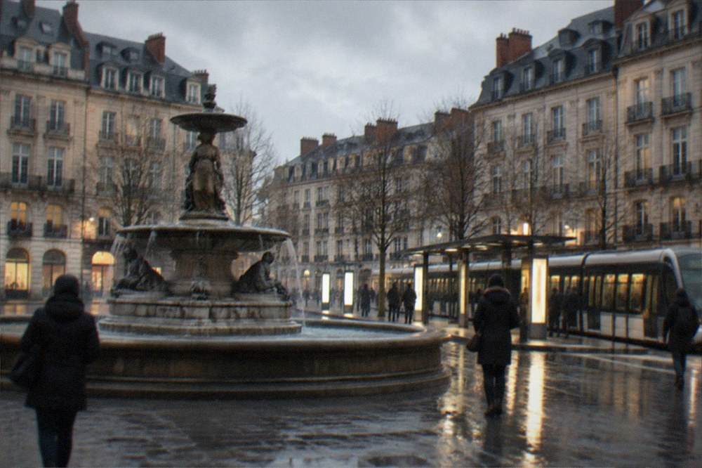 A modern tram waiting at an illuminated stop on a rainy evening in a French city