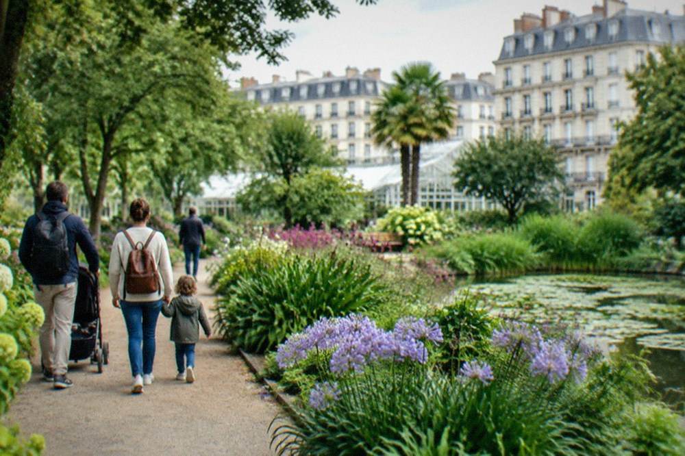 A family strolling through a lush botanical garden with mature trees and flower beds in Nantes