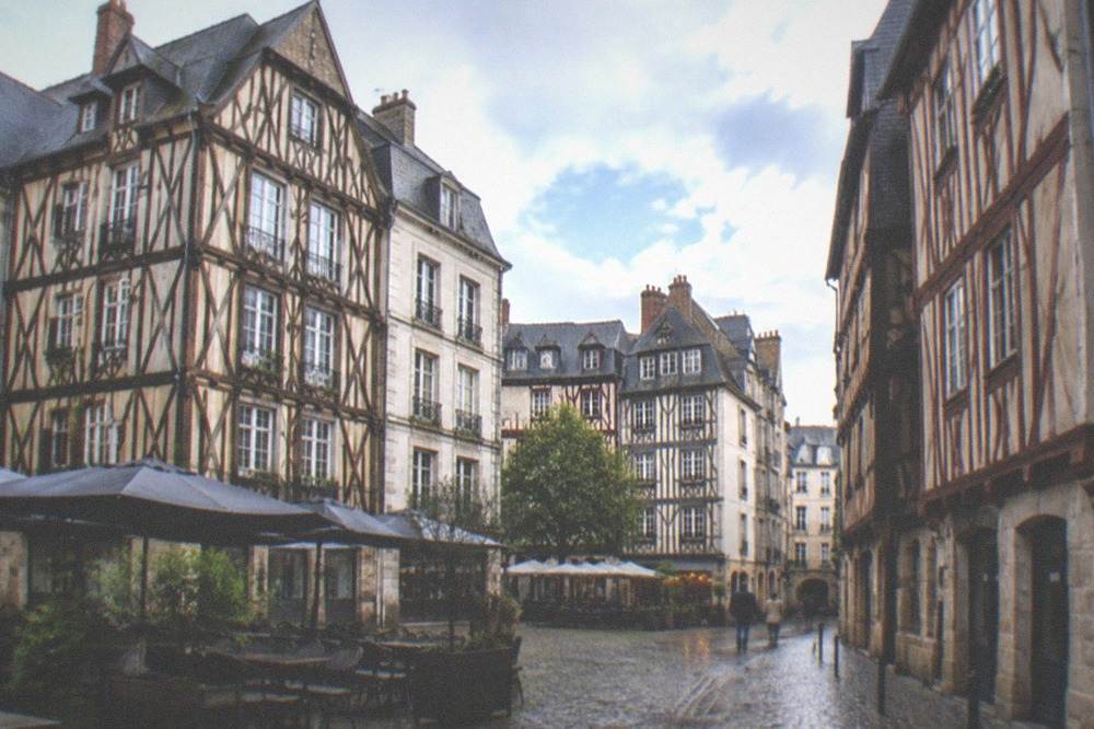 A street in the Bouffay old town of Nantes with half-timbered facades