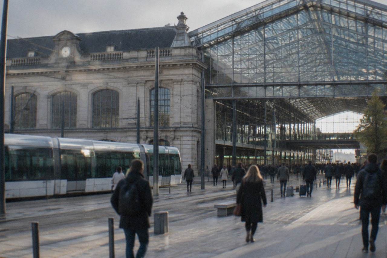 A modern railway station concourse with passengers walking beneath a high glass roof