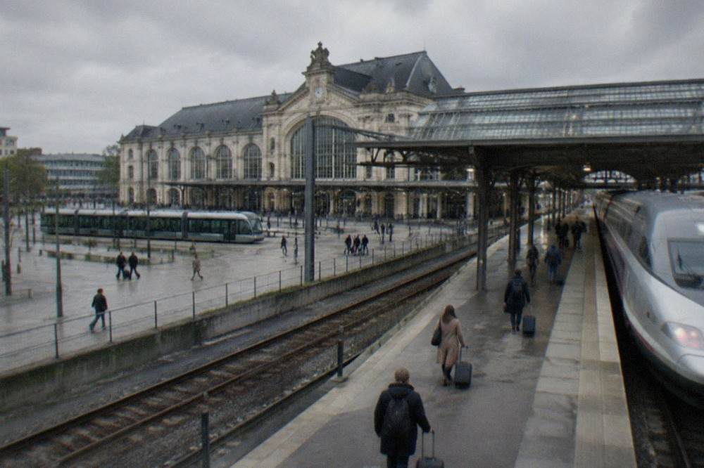 Travellers with suitcases walking across a station platform toward a waiting high-speed train